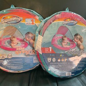 Set of 2 New Swimways Baby Spring Float With Sun Canopy Pink 9-24 Months 50+ UPF